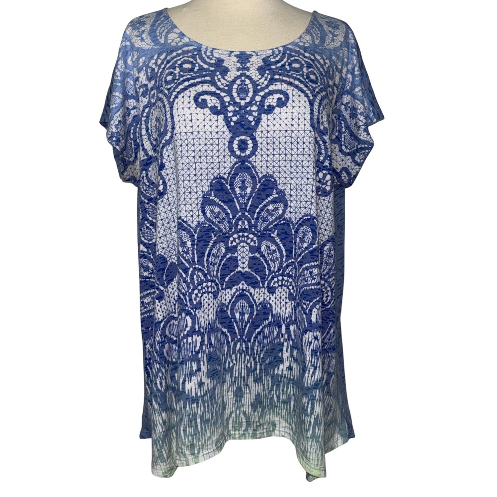 St‎ John's Bay Blue Lace Print Scoop Neck Top XL Short Sleeve Lightweight Tee